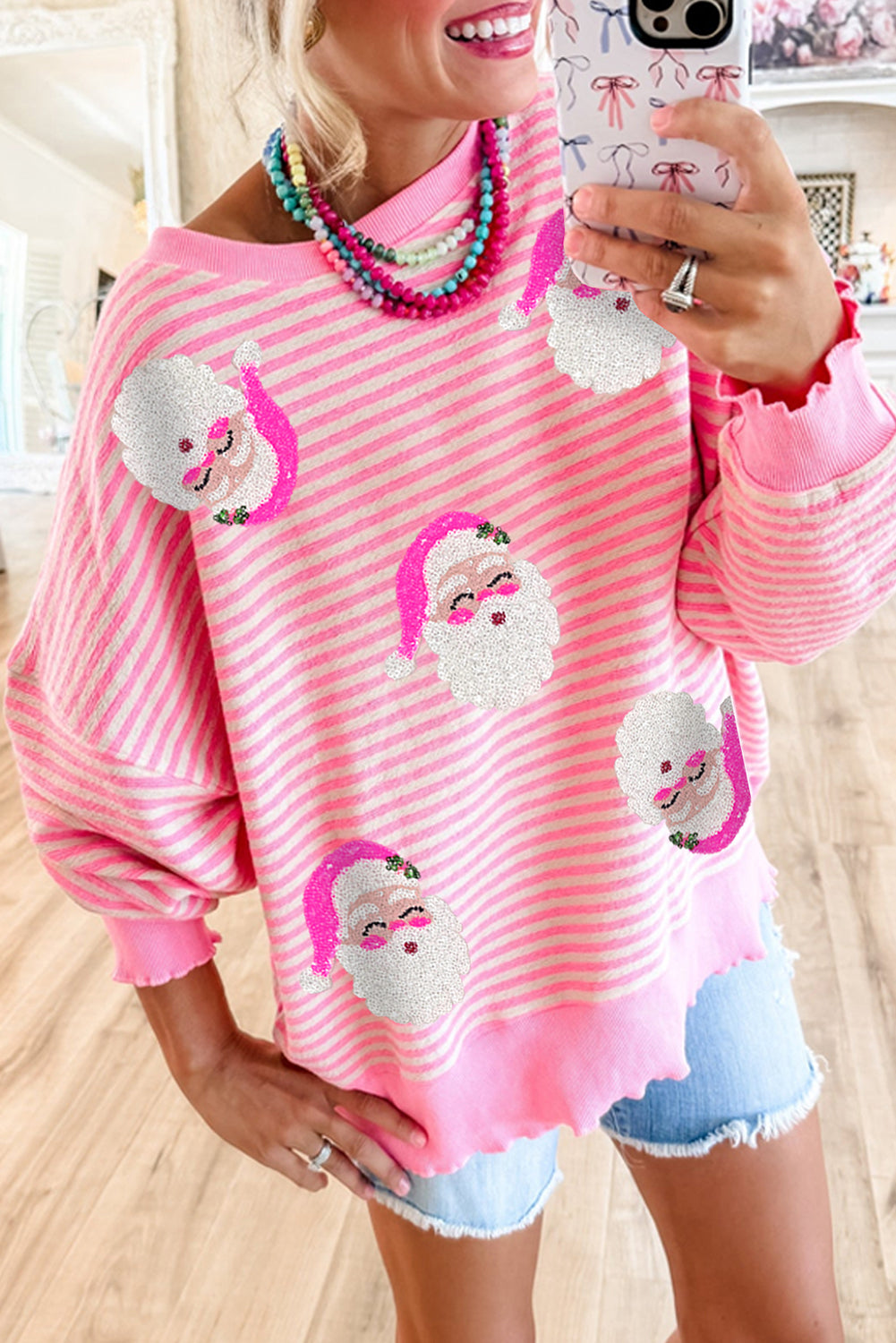 Blue Zone Planet | Pink Stripe Santa Clause Print Drop Shoulder Long Sleeve Loose Top