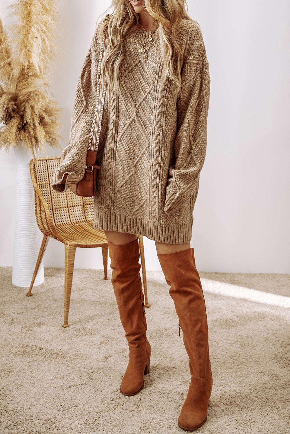 Blue Zone Planet | Lila's Cable Knit Drop Shoulder Loose Fit Sweater Dress