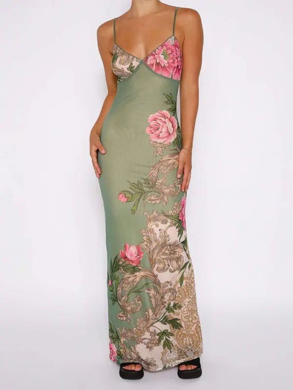 Blue Zone Planet | Ella's Floral Print Spaghetti Strap Maxi Party Dress
