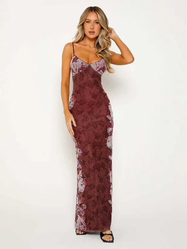 Blue Zone Planet | Ella's Floral Print Spaghetti Strap Maxi Party Dress