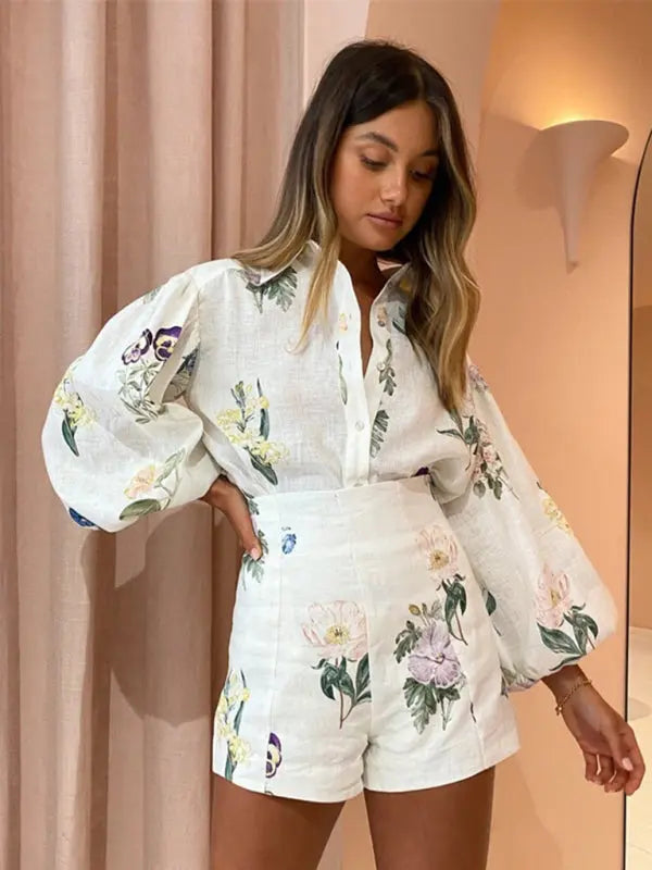 Blue Zone Planet | Anna's Fresh Floral High-Waisted Shorts And Long-Sleeved Blouse Set