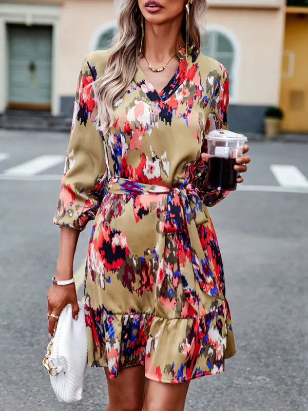 Blue Zone Planet | Temperament And Elegant V-Neck Printed Waist Dress With Belt