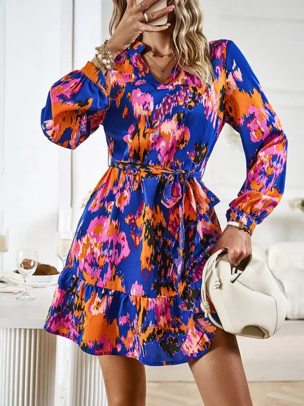 Blue Zone Planet | Temperament And Elegant V-Neck Printed Waist Dress With Belt