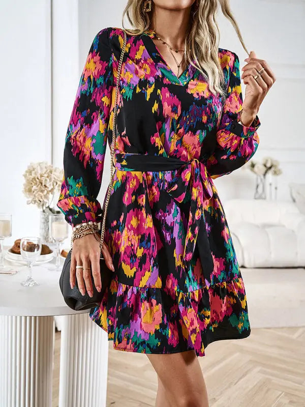 Blue Zone Planet | Temperament And Elegant V-Neck Printed Waist Dress With Belt
