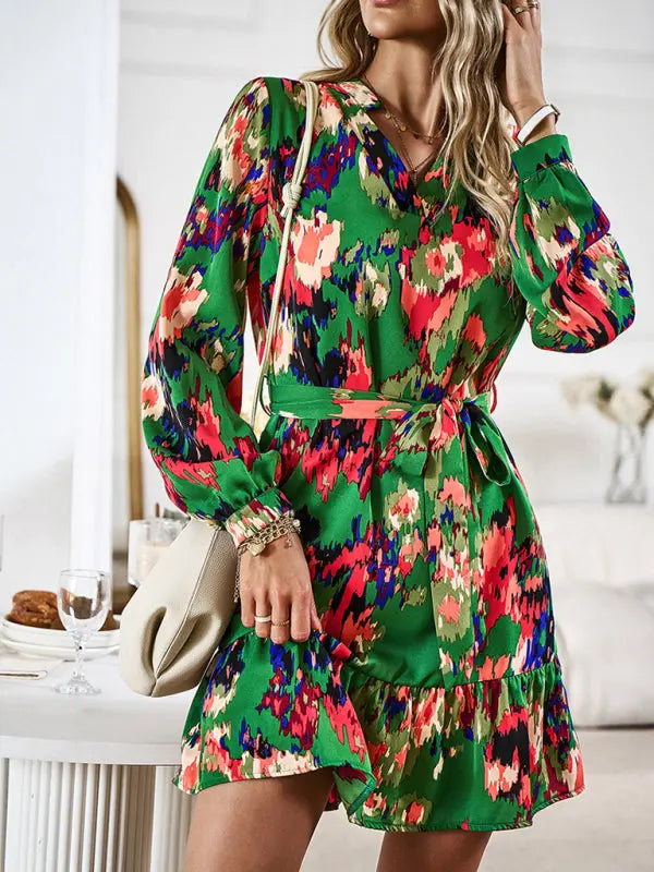 Blue Zone Planet | Temperament And Elegant V-Neck Printed Waist Dress With Belt