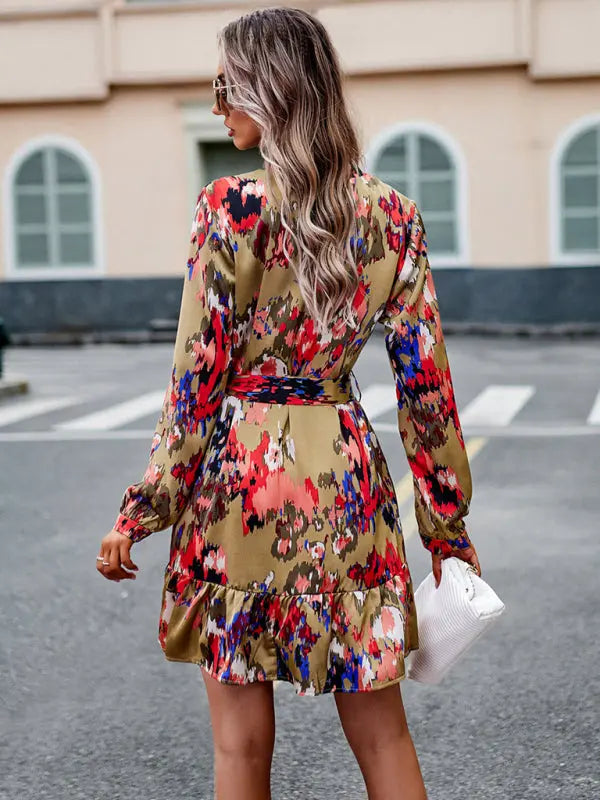Blue Zone Planet | Temperament And Elegant V-Neck Printed Waist Dress With Belt