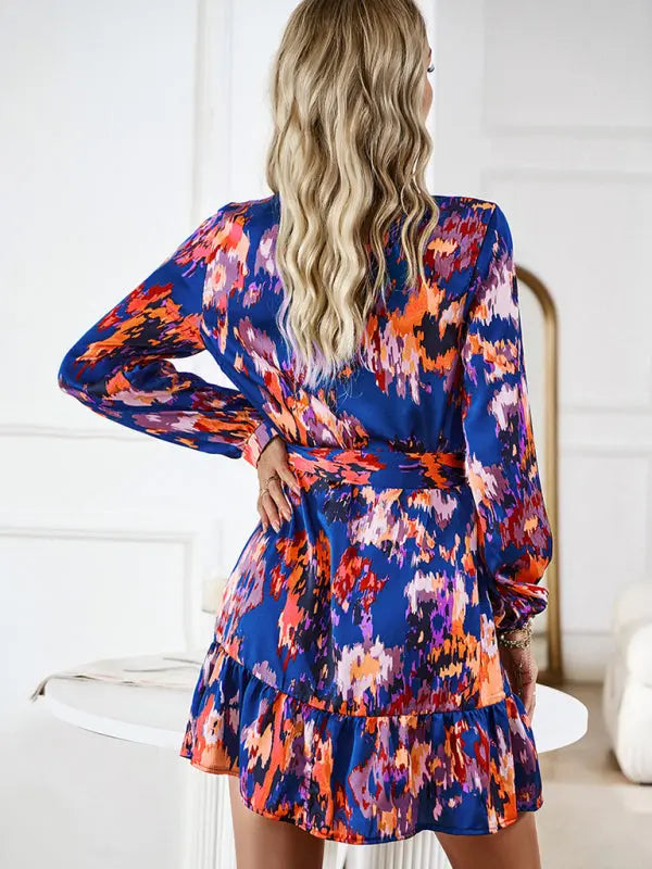 Blue Zone Planet | Temperament And Elegant V-Neck Printed Waist Dress With Belt