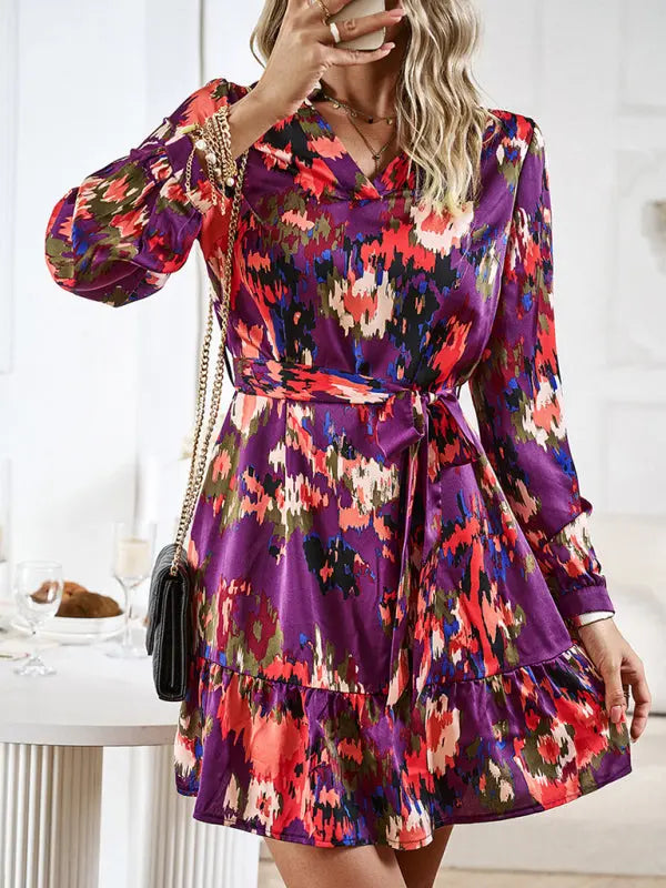 Blue Zone Planet | Temperament And Elegant V-Neck Printed Waist Dress With Belt