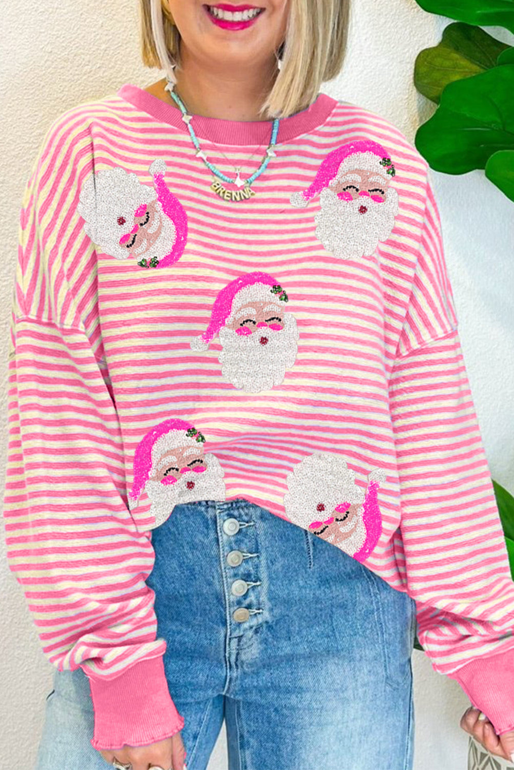 Blue Zone Planet | Pink Stripe Santa Clause Print Drop Shoulder Long Sleeve Loose Top