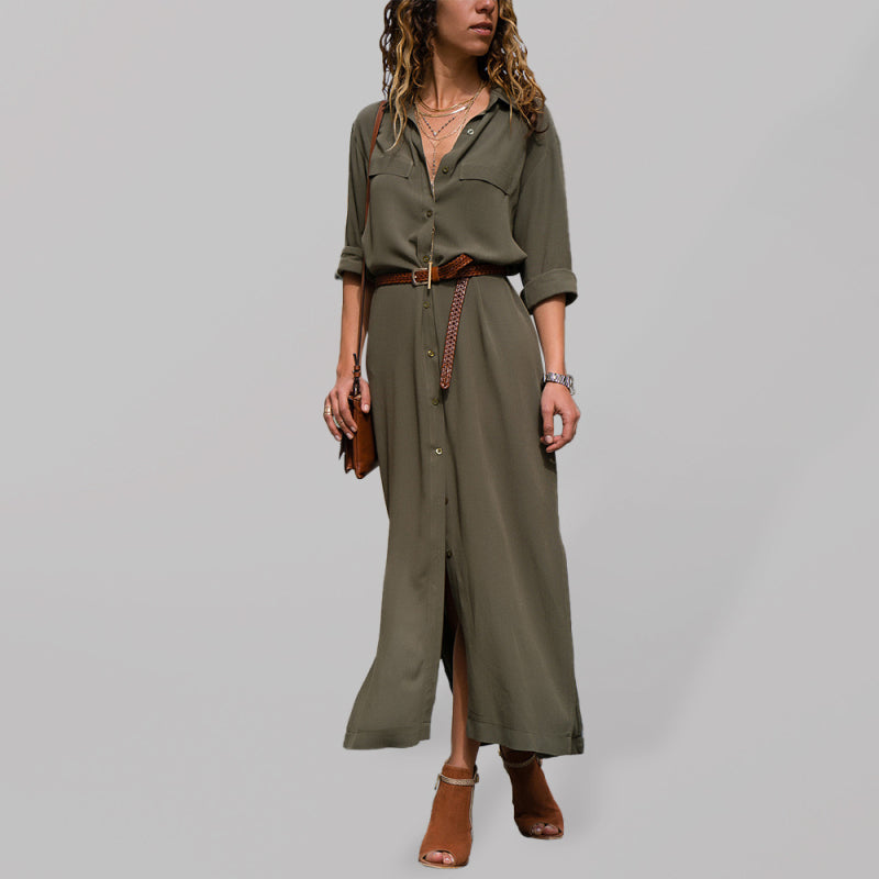 Blue Zone Planet | Teresa's Solid Color Long Sleeve Shirt Maxi Dress