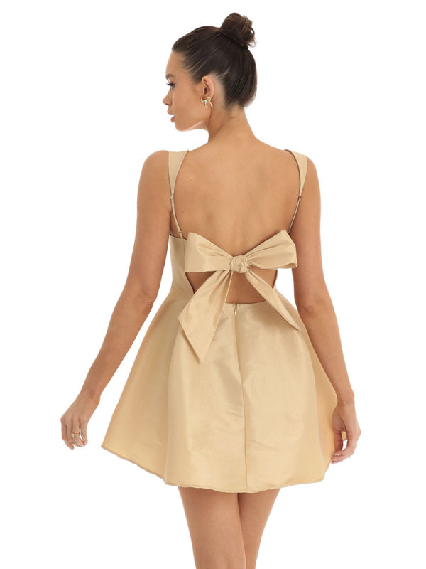 Blue Zone Planet | Ella's Backless Square Neck Bow Mini Prom Dress