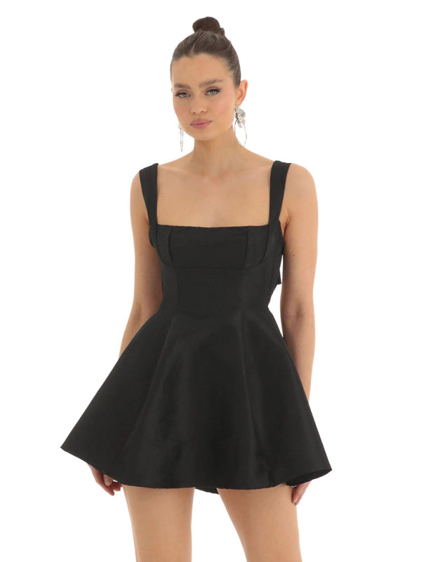 Blue Zone Planet | Ella's Backless Square Neck Bow Mini Prom Dress