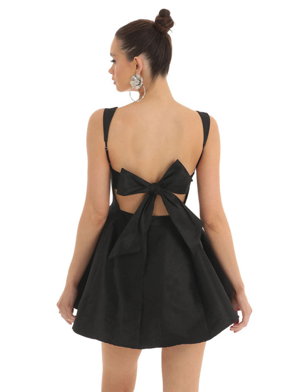 Blue Zone Planet | Ella's Backless Square Neck Bow Mini Prom Dress