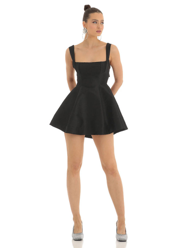 Blue Zone Planet | Ella's Backless Square Neck Bow Mini Prom Dress