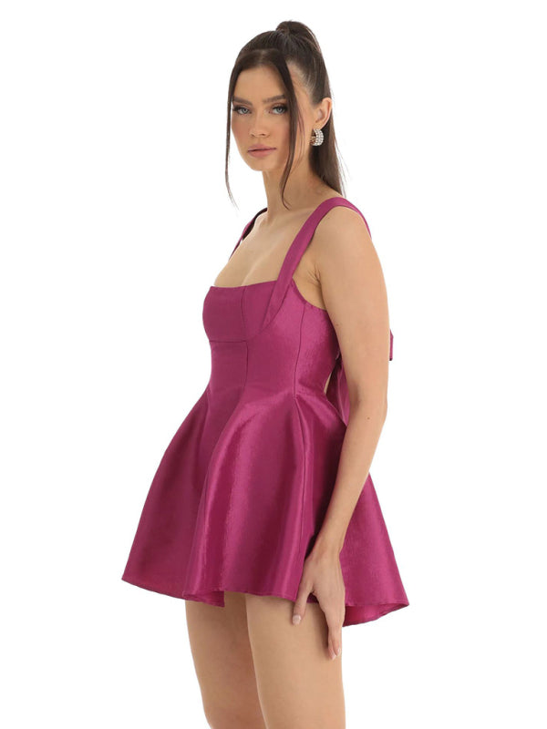 Blue Zone Planet | Ella's Backless Square Neck Bow Mini Prom Dress