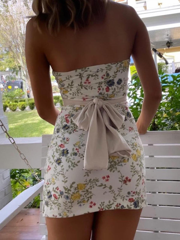 Blue Zone Planet | Floral Bodycon Tight Tube Top Mini Dress With Back Tie Belt