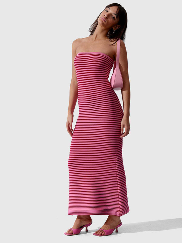 🌸💓Cindy's Tube Top Striped Knitted Bodycon Floor Length Dress