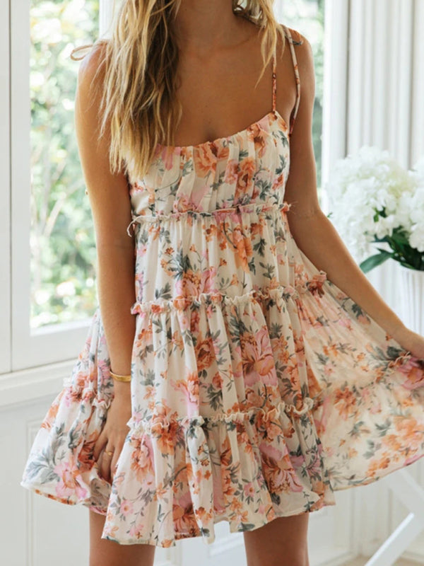 Blue Zone Planet | Keira's Floral Printed Spaghetti Strap Tiered Mini Dress