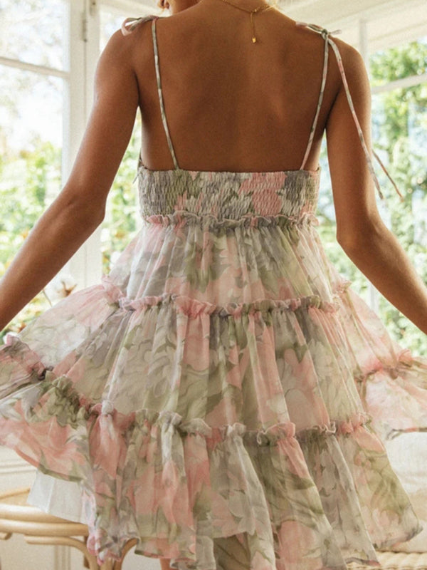 Blue Zone Planet | Keira's Floral Printed Spaghetti Strap Tiered Mini Dress