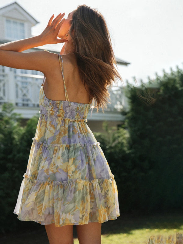 Blue Zone Planet | Keira's Floral Printed Spaghetti Strap Tiered Mini Dress