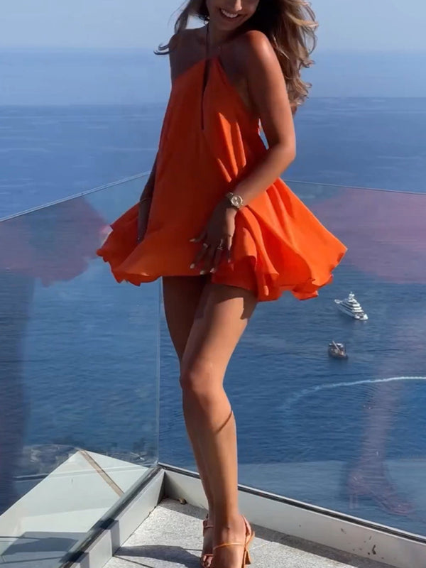 Blue Zone Planet | Siena's Deep V-Neck Backless Spaghetti Strap Loose A-Line Mini Dress