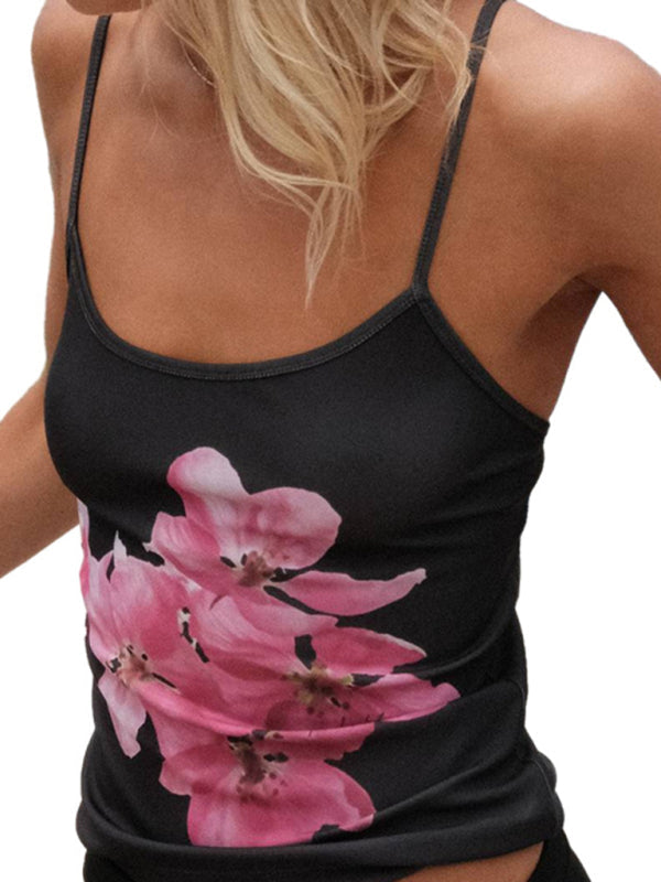 Blue Zone Planet | Tessa's Floral Print Backless Spaghetti Strap Slim Crop Top