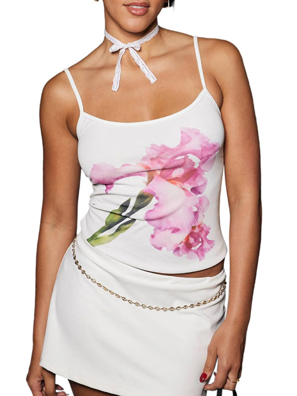 Blue Zone Planet | Tessa's Floral Print Backless Spaghetti Strap Slim Crop Top
