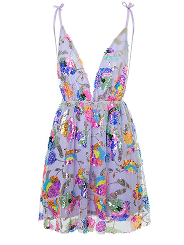 Blue Zone Planet | Dina's Deep V Backless Sequin Floral Strappy Short Mini Dress