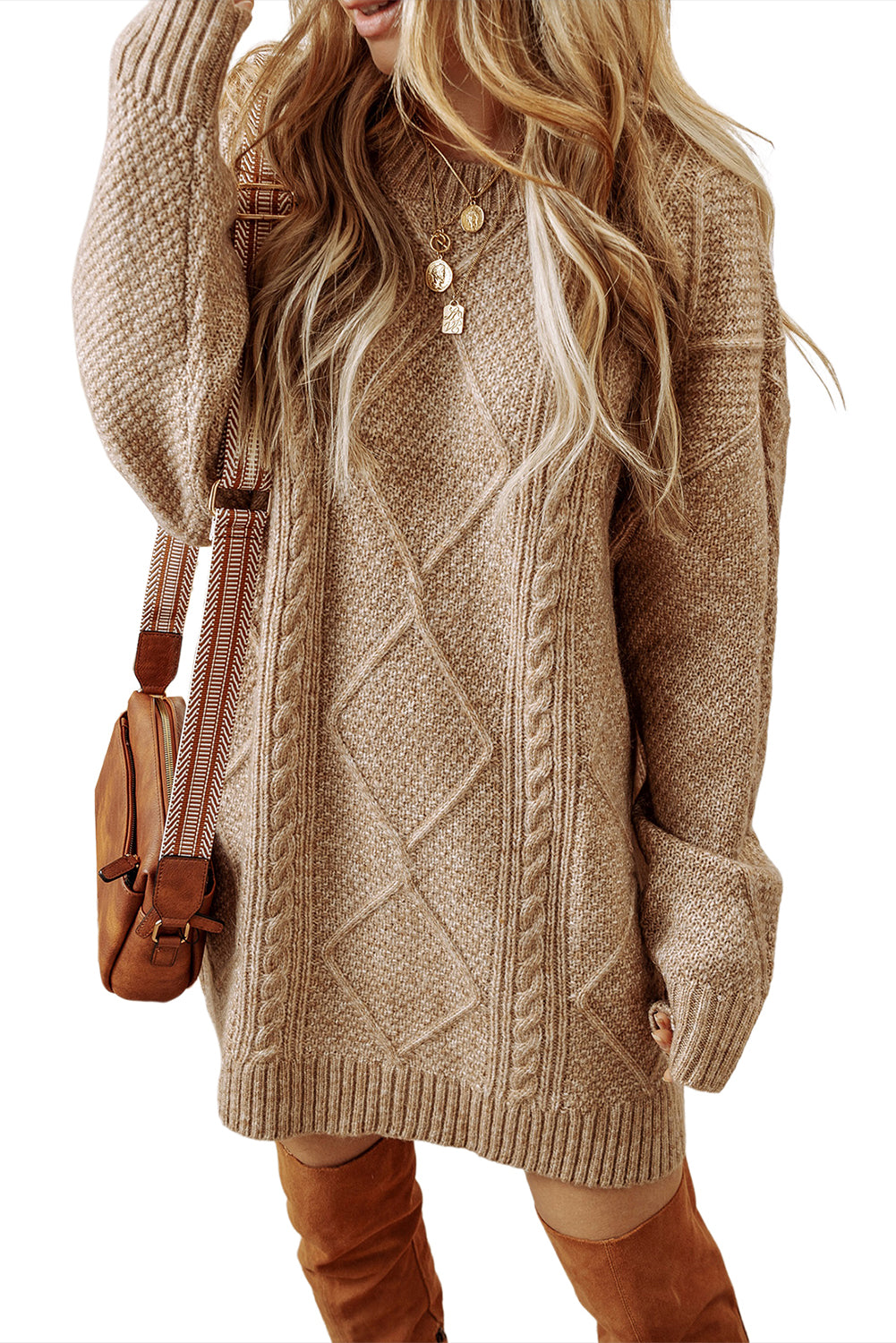 Blue Zone Planet | Lila's Cable Knit Drop Shoulder Loose Fit Sweater Dress