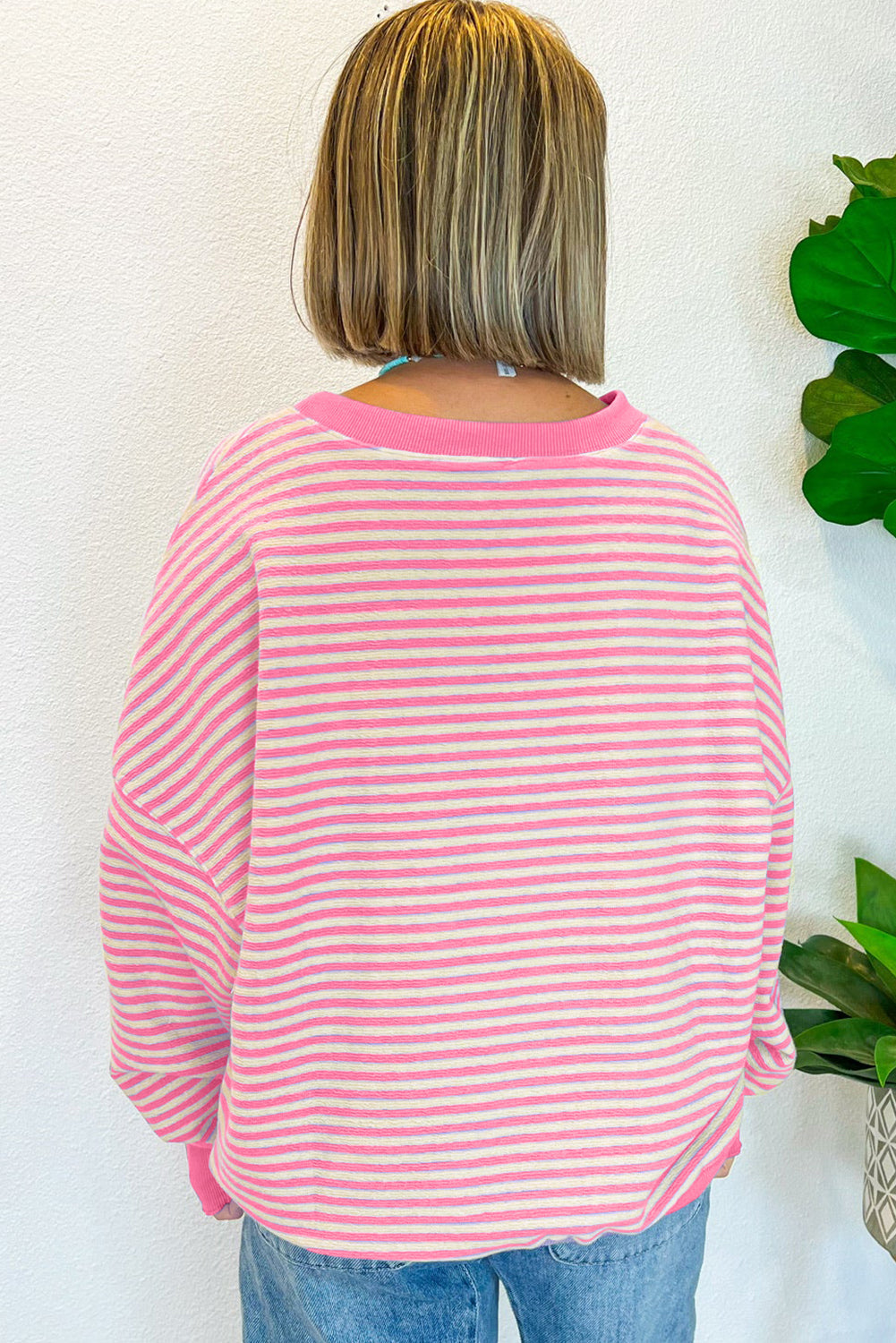 Blue Zone Planet |  Pink Stripe Santa Clause Print Drop Shoulder Long Sleeve Loose Top