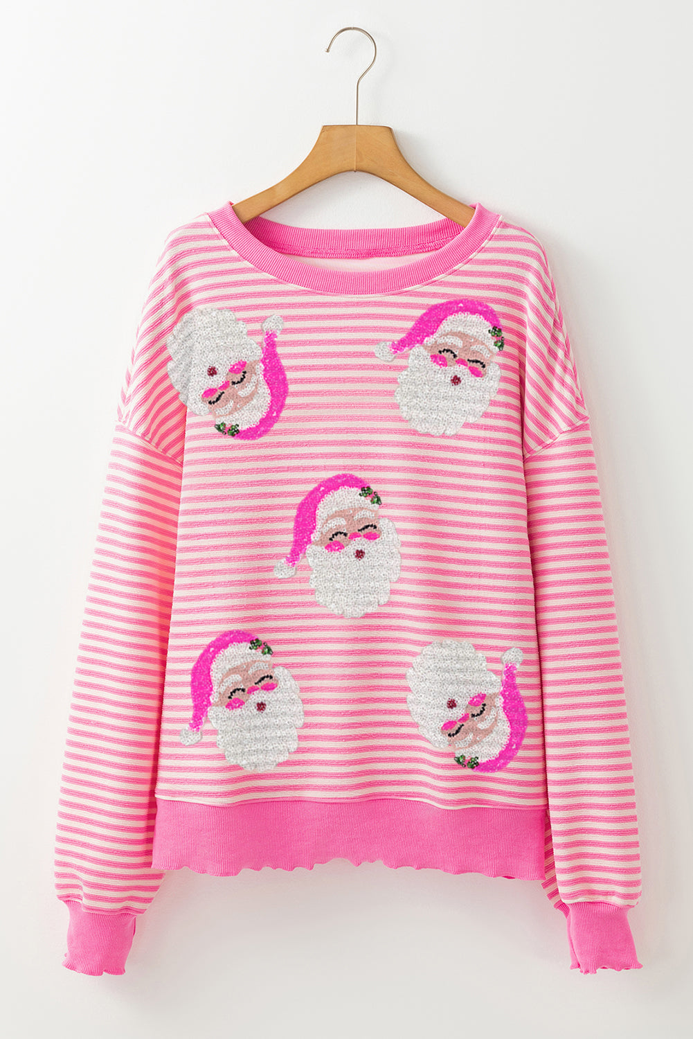 Blue Zone Planet |  Pink Stripe Santa Clause Print Drop Shoulder Long Sleeve Loose Top