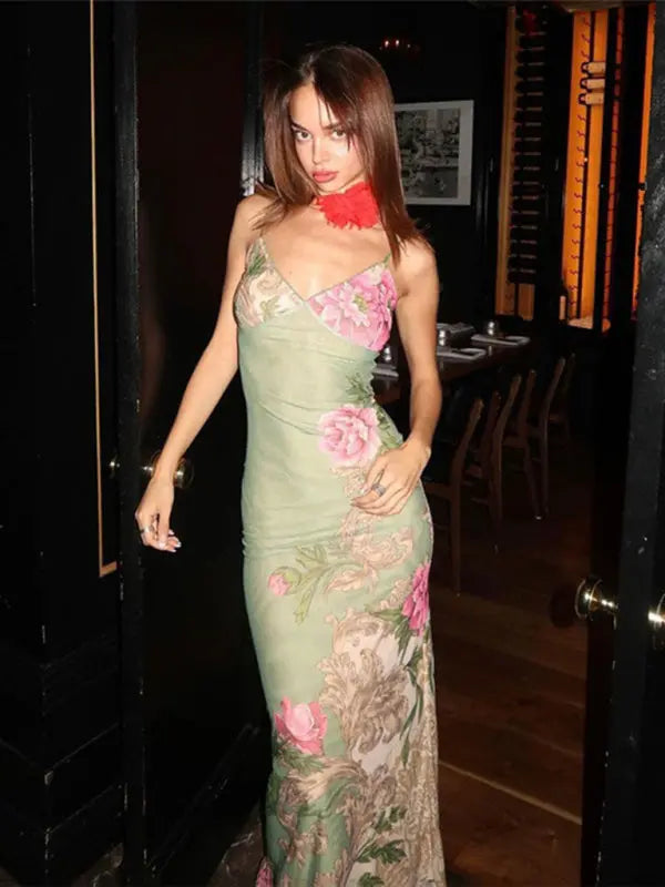 Blue Zone Planet | Ella's Floral Print Spaghetti Strap Maxi Party Dress