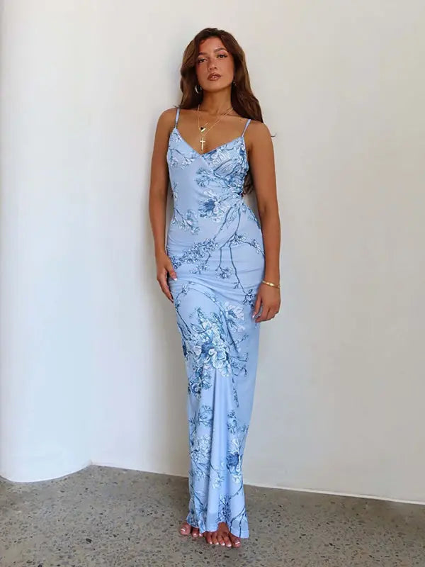 Blue Zone Planet | Ella's Floral Print Spaghetti Strap Maxi Party Dress