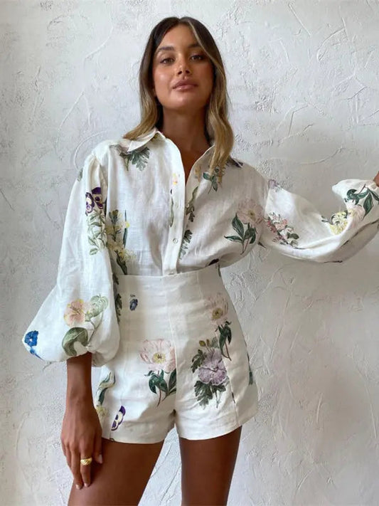 Blue Zone Planet | Anna's Fresh Floral High-Waisted Shorts And Long-Sleeved Blouse Set