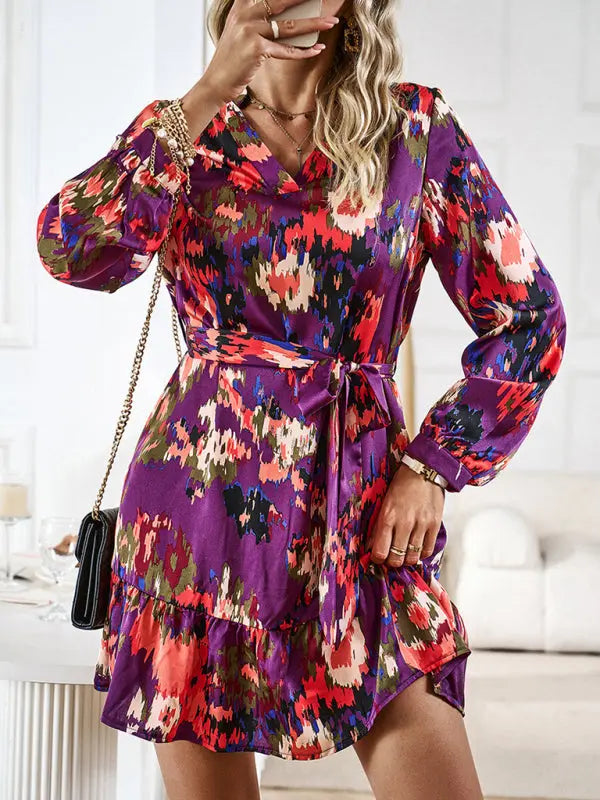 Blue Zone Planet |  Temperament And Elegant V-Neck Printed Waist Dress With Belt