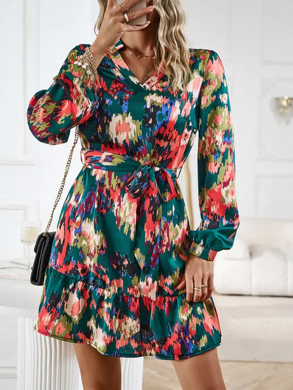 Blue Zone Planet |  Temperament And Elegant V-Neck Printed Waist Dress With Belt