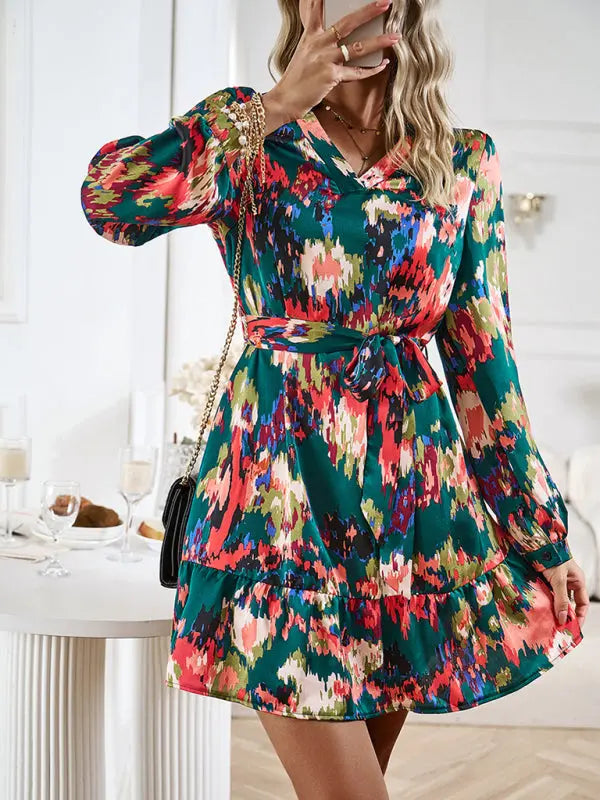 Blue Zone Planet |  Temperament And Elegant V-Neck Printed Waist Dress With Belt