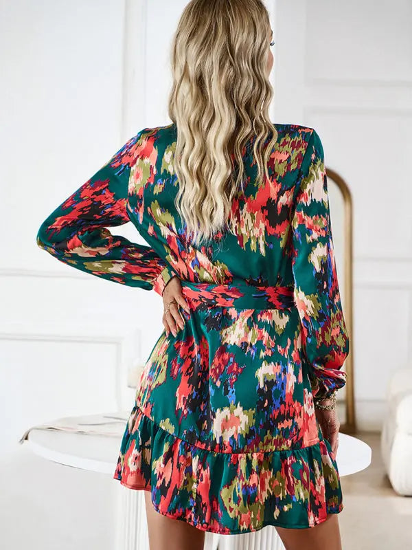 Blue Zone Planet |  Temperament And Elegant V-Neck Printed Waist Dress With Belt