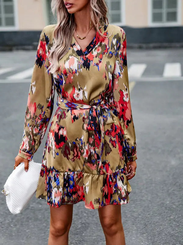 Blue Zone Planet |  Temperament And Elegant V-Neck Printed Waist Dress With Belt