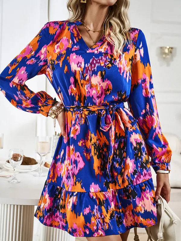 Blue Zone Planet |  Temperament And Elegant V-Neck Printed Waist Dress With Belt