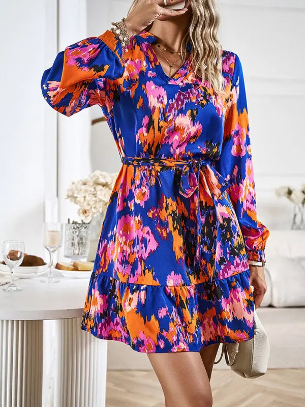 Blue Zone Planet |  Temperament And Elegant V-Neck Printed Waist Dress With Belt