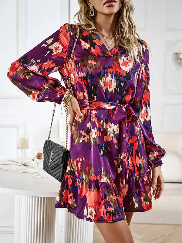 Blue Zone Planet |  Temperament And Elegant V-Neck Printed Waist Dress With Belt