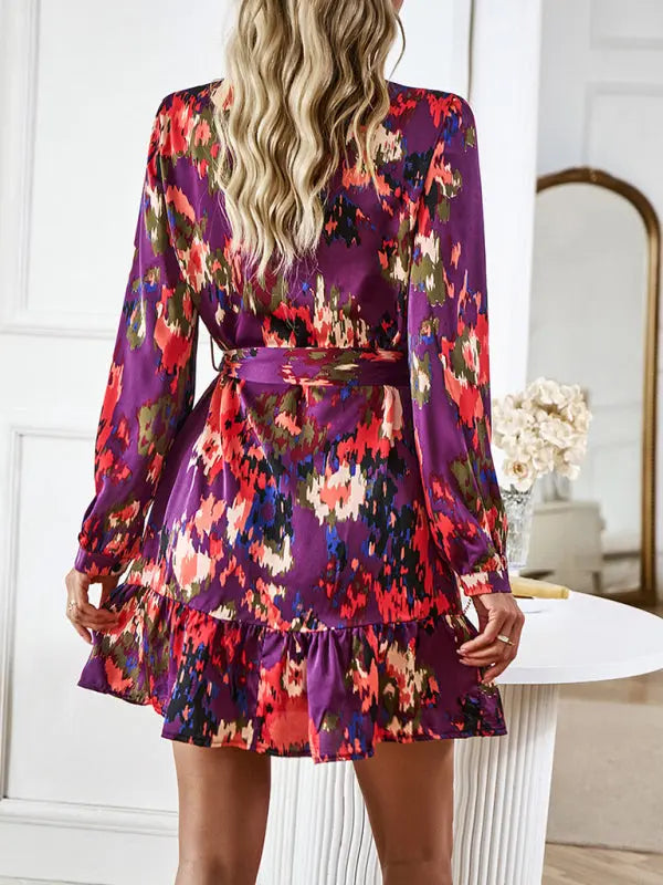 Blue Zone Planet |  Temperament And Elegant V-Neck Printed Waist Dress With Belt