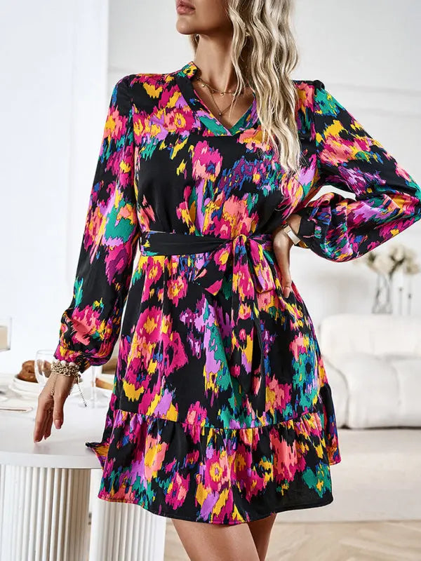 Blue Zone Planet |  Temperament And Elegant V-Neck Printed Waist Dress With Belt
