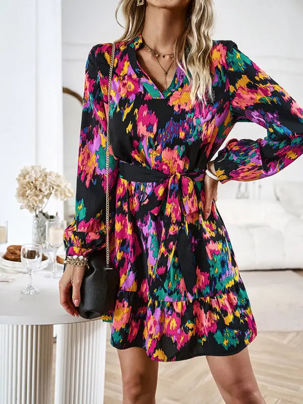 Blue Zone Planet |  Temperament And Elegant V-Neck Printed Waist Dress With Belt