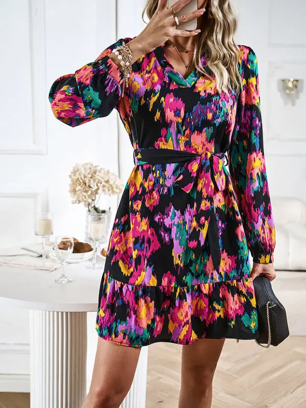Blue Zone Planet |  Temperament And Elegant V-Neck Printed Waist Dress With Belt