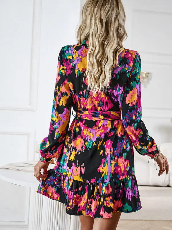Blue Zone Planet |  Temperament And Elegant V-Neck Printed Waist Dress With Belt