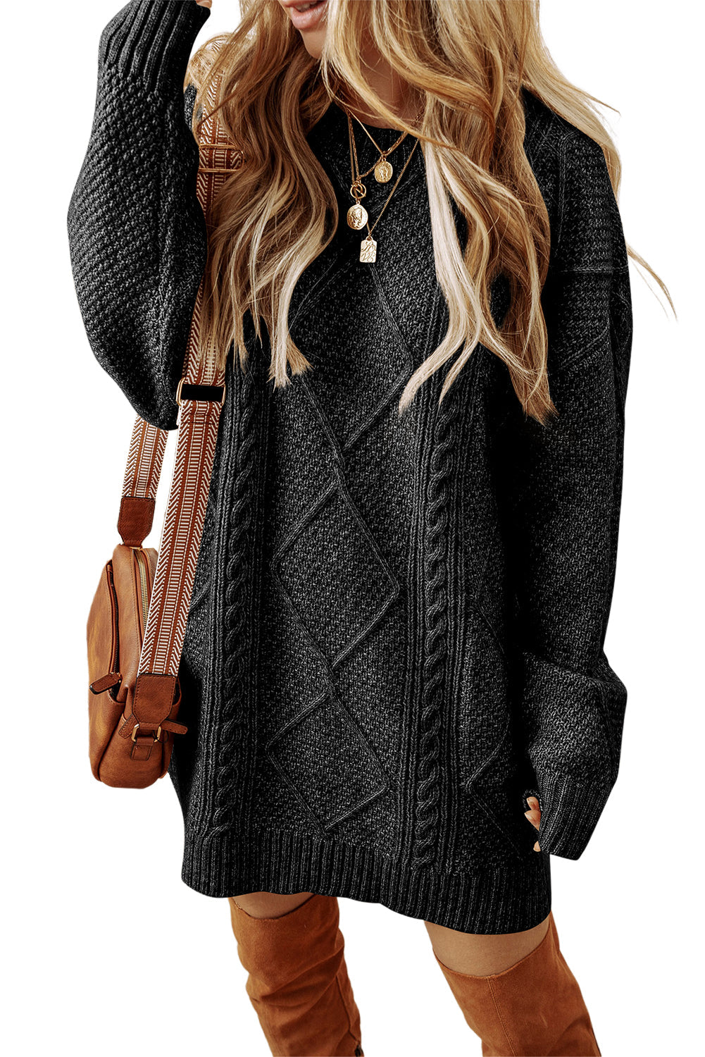 Blue Zone Planet | Lila's Cable Knit Drop Shoulder Loose Fit Sweater Dress