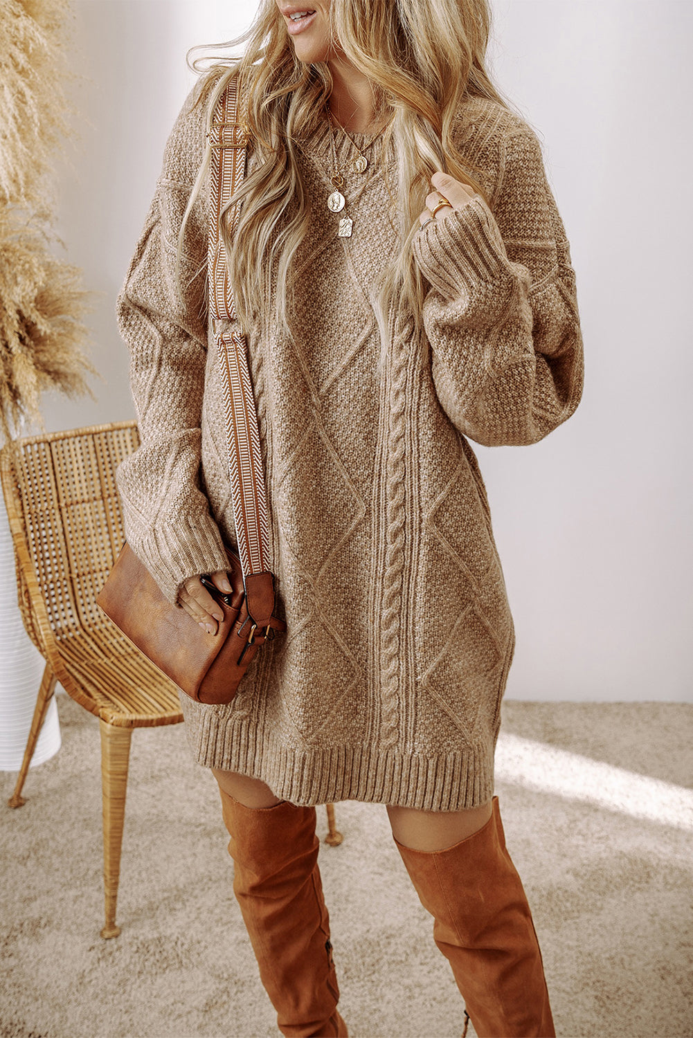 Blue Zone Planet | Lila's Cable Knit Drop Shoulder Loose Fit Sweater Dress