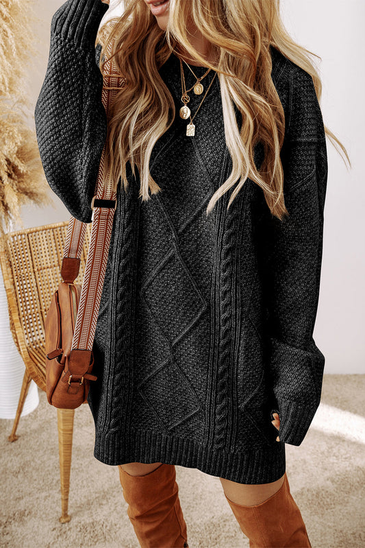 Blue Zone Planet | Lila's Cable Knit Drop Shoulder Loose Fit Sweater Dress